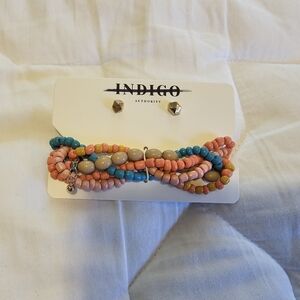 Indigo Pink and Blue Beaded Bracelet And Stud Earrings